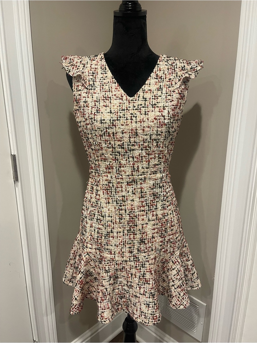 Adelyn Rae Cream Tweed Mini Dress with Red & Black Speckle